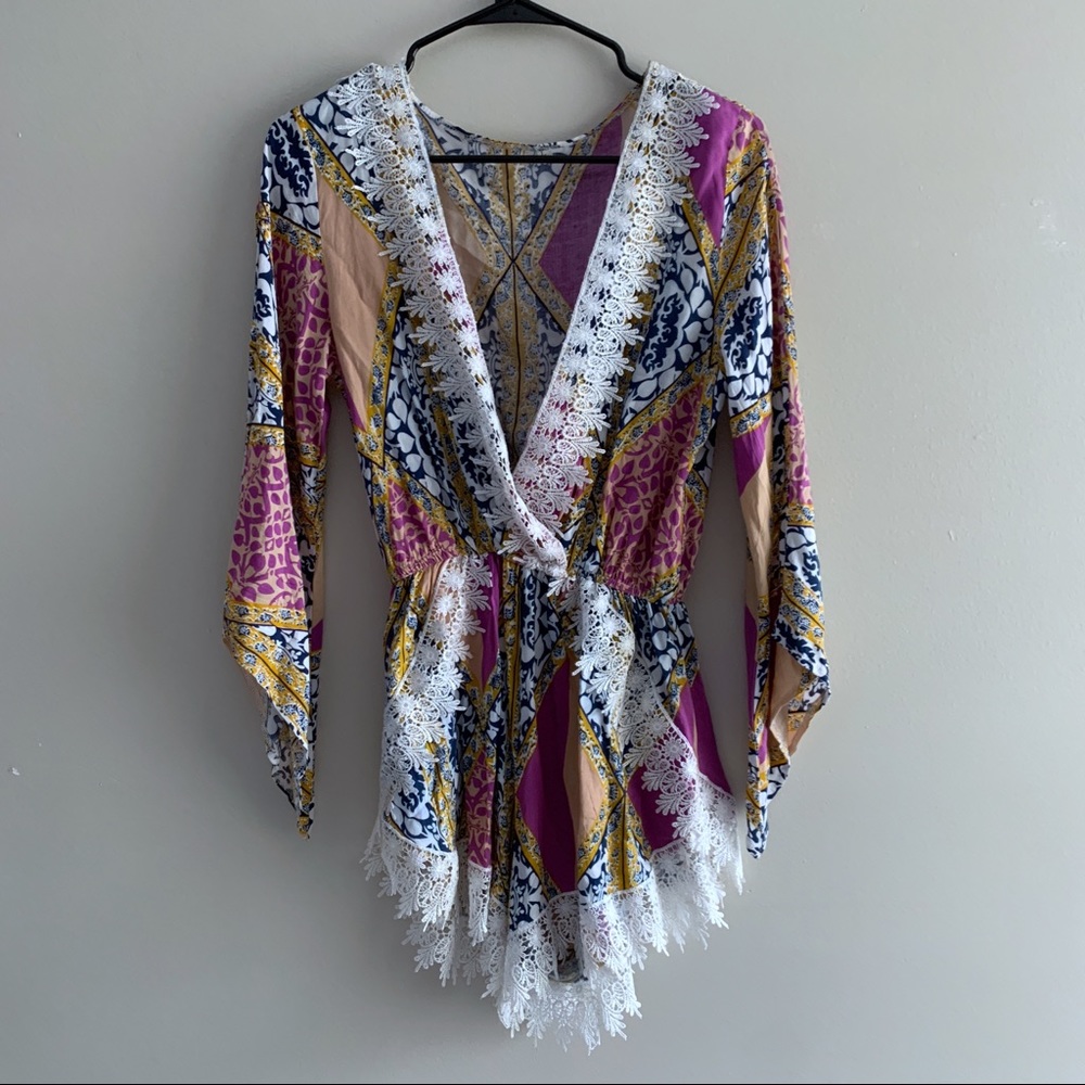 Lace Trim Patterned Romper - image 3